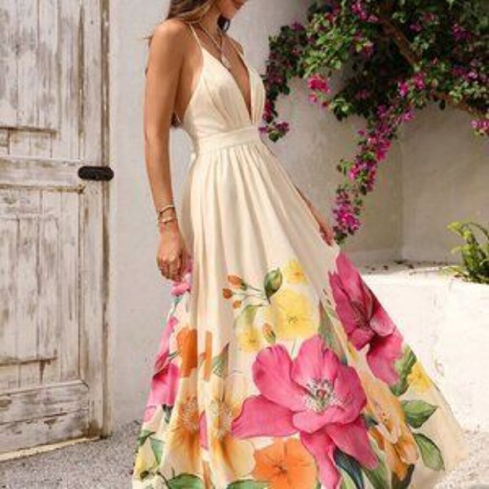 Multicolor Boho Vacay Women's Floral Print Deep V Neck Backless Maxi Dress - Picture 1 of 5